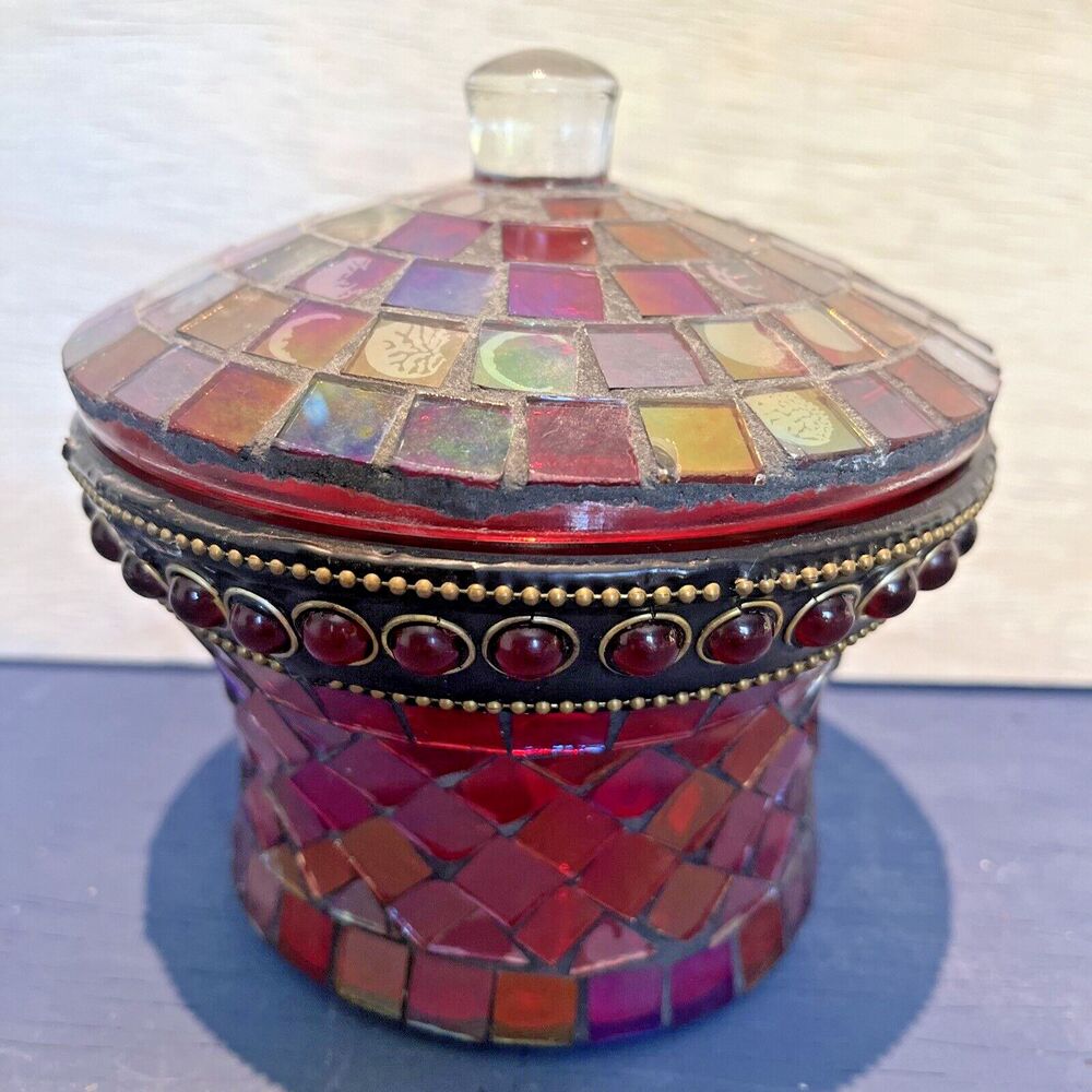 Candy Dish Trinket Jar with Lid Mosaic Glass decor Red Purple Colorful